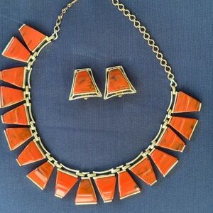 Vintage Estate Charel Signed Triangular Shaped Orange Gold Necklace Earring Set